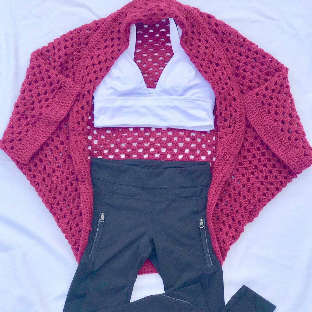 Granny Square Cardigan with a sport top and yoga pants over a white background