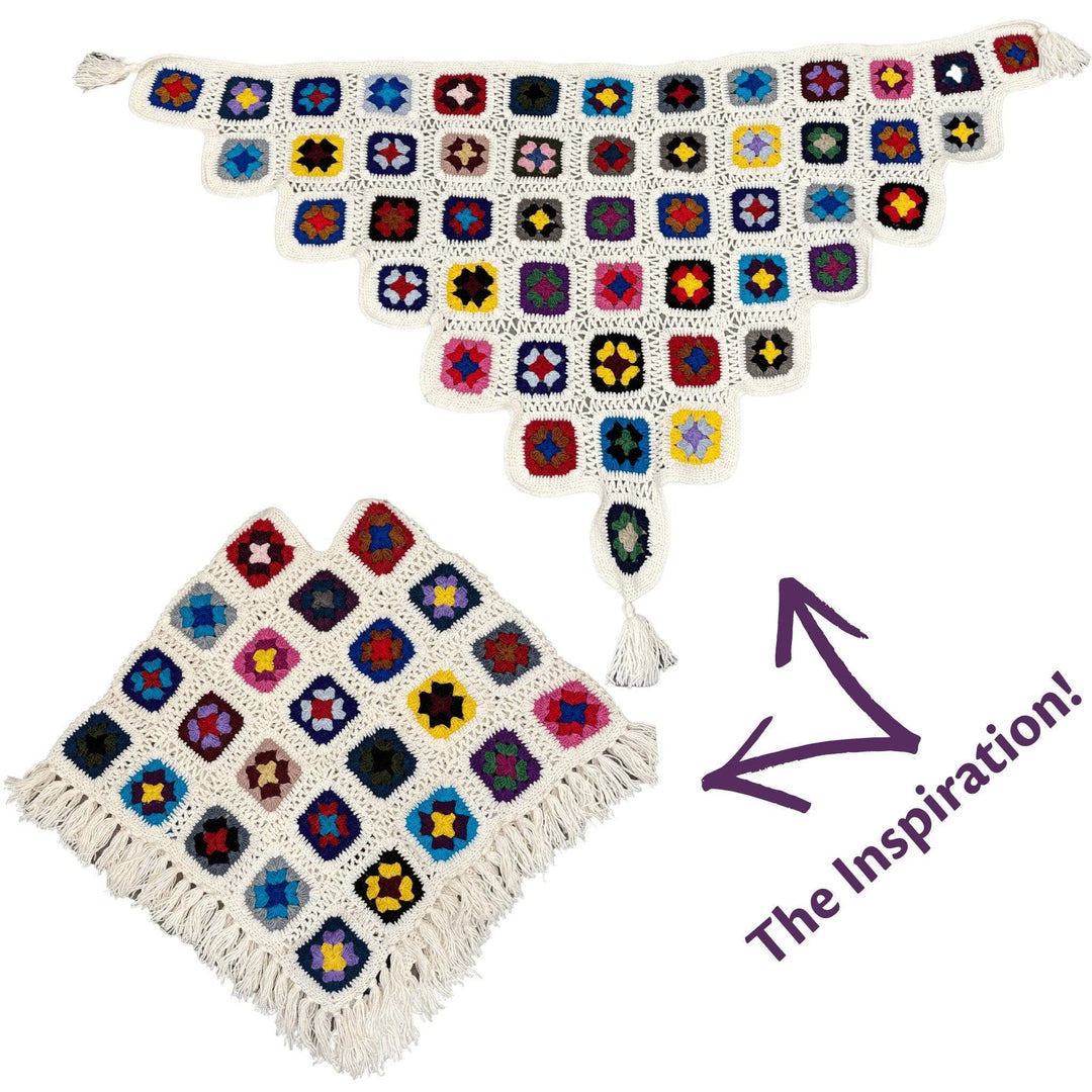 Granny square shawl and poncho in front of a white background, purple arrows point to each garment with text that reads The inspiration. Shawl is multicolored granny squares joined with white yarn into a triangle shape and a tassel added at each point. Poncho is made from multicolored granny squares joined with white yarn and fringe at the lower edge.