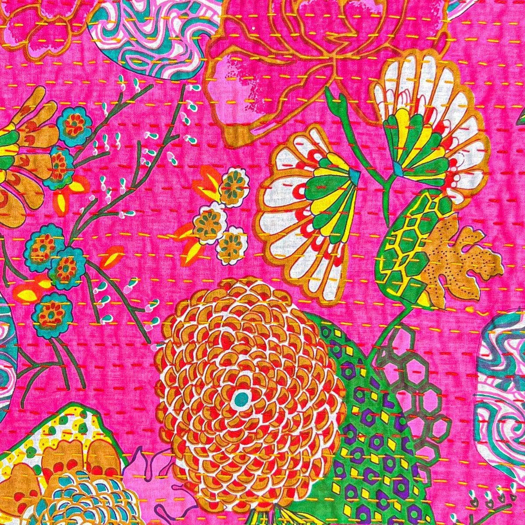 Closeup of tropical oasis kantha quilt pattern.