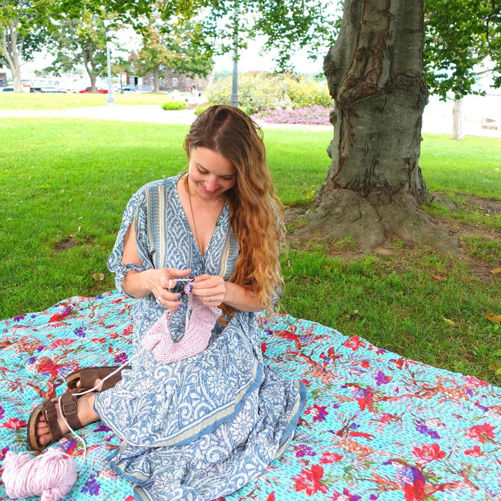 Nicole on Katha quilt in the park
