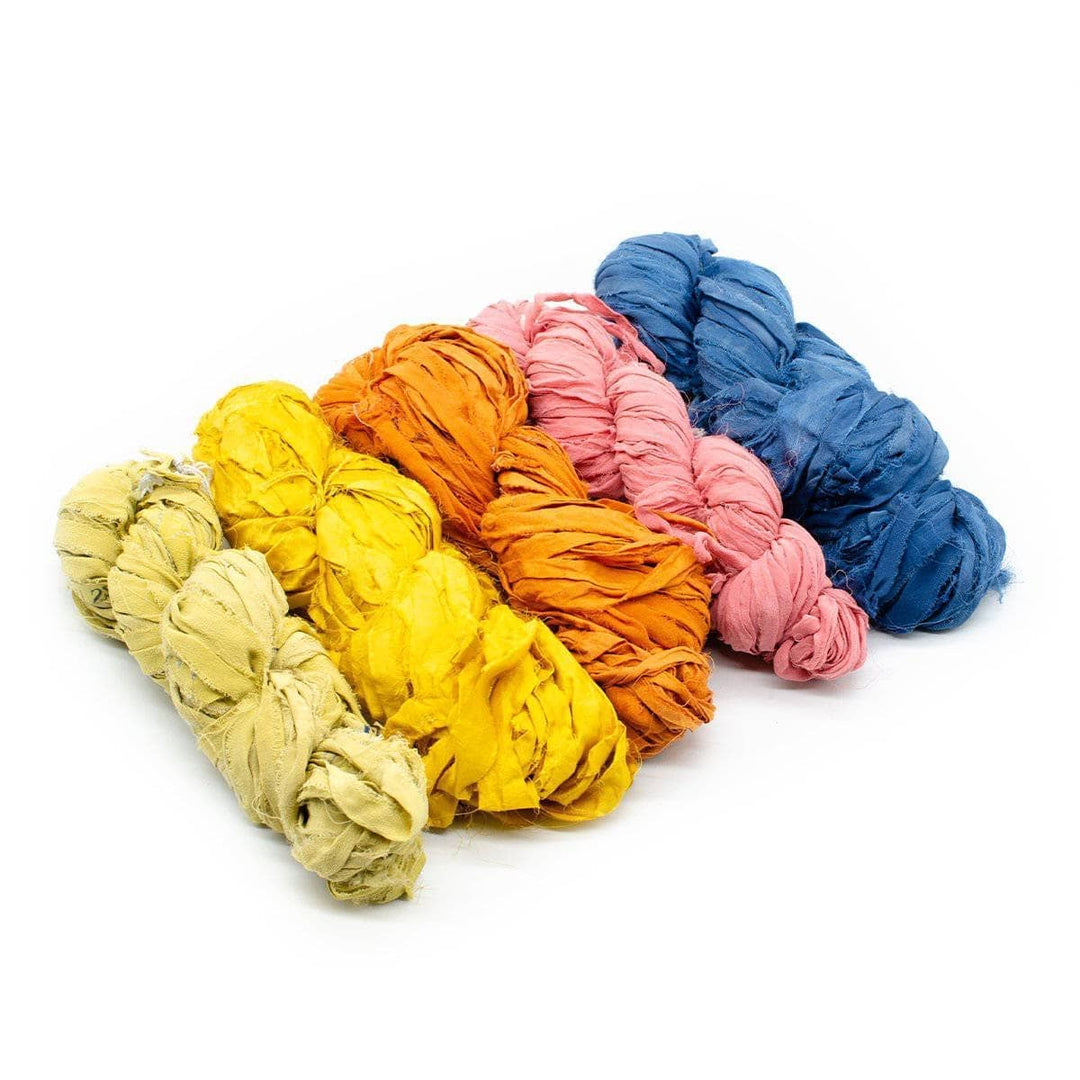 5 Skiens of Herbal Dyed Silk Ribbon in Lime, Yellow, Orange, Pink, and Blue.