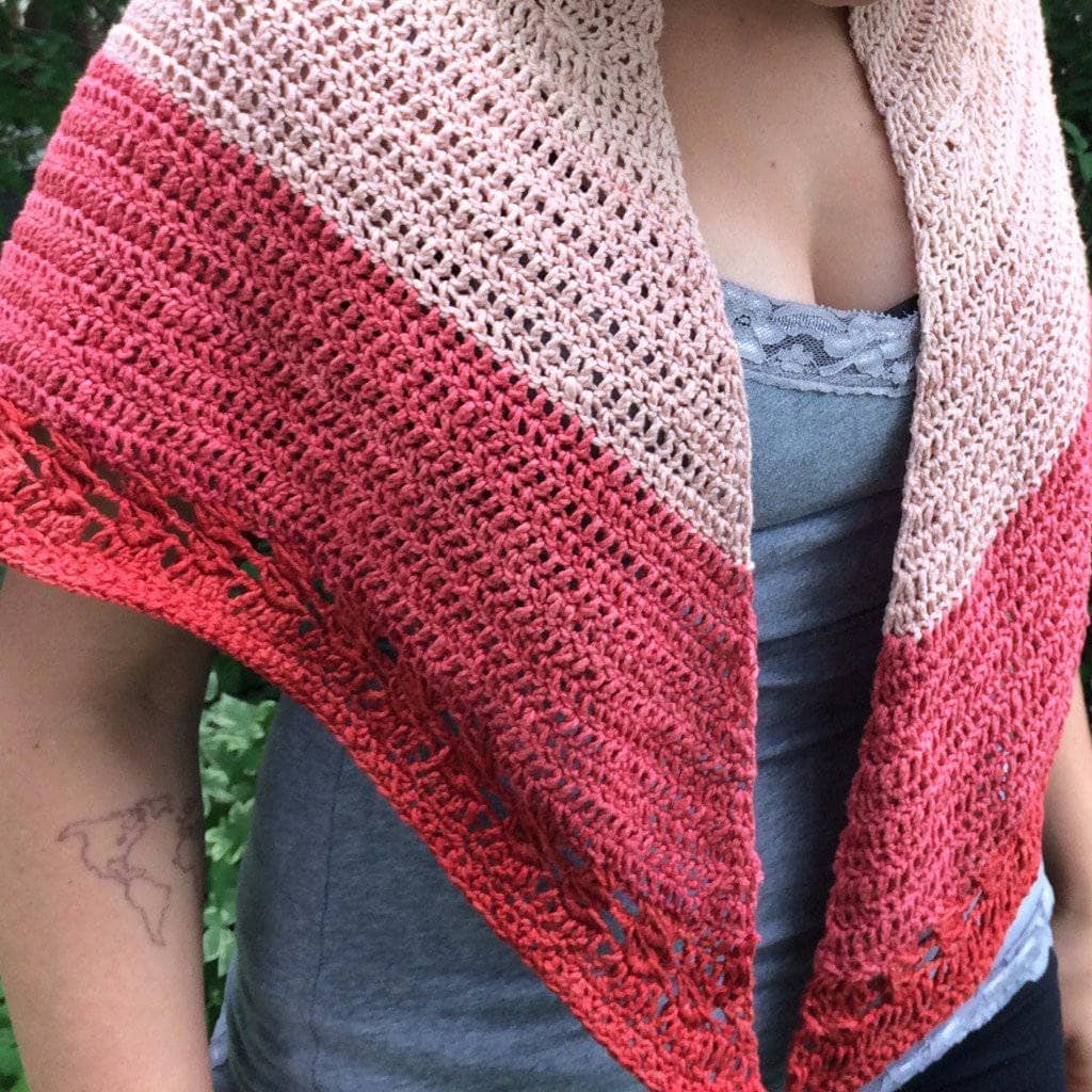 close up of woman wearing the Herbal Sunrise Shawl