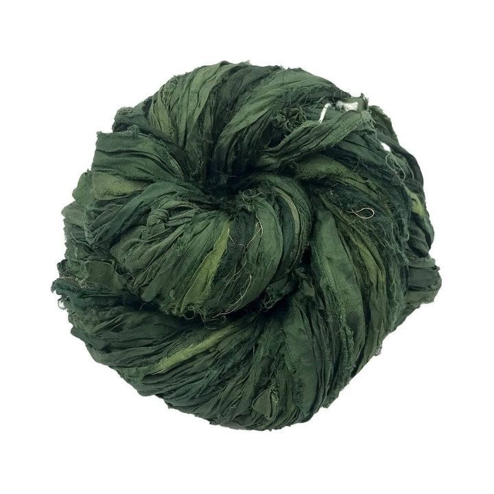 Single skein of sari silk ribbon yarn (tonal green) in front of a white background