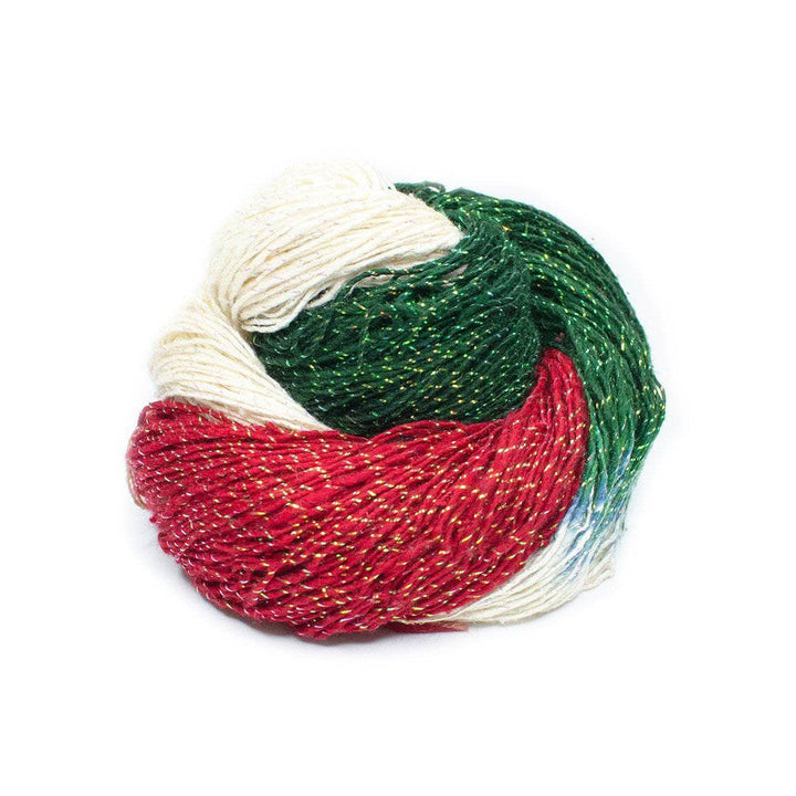 A skein of green, red and white yarn on a white background