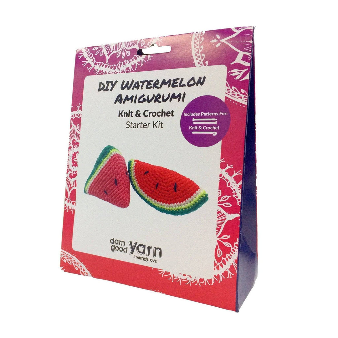 Triangular shaped purple cardstock product box with watermelon amigurumi kit images on the front