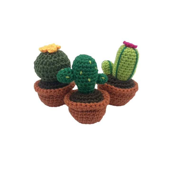 3 cactu completed crochet amigurumi kit on front of a white background.