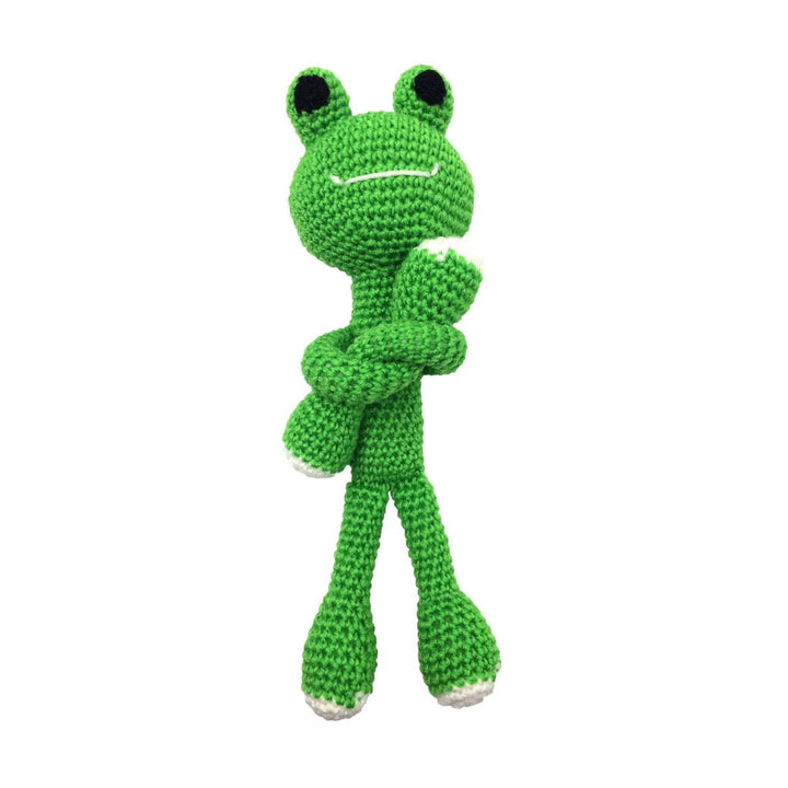 Completed amigurumi crochet frog kit in front of a white background.