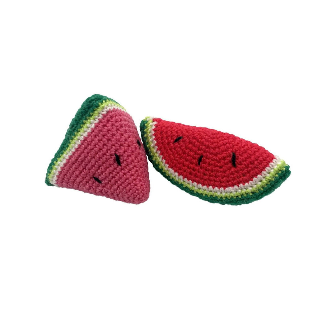 Watermelon slices amigurumi completed crochet kit in front of a white background.