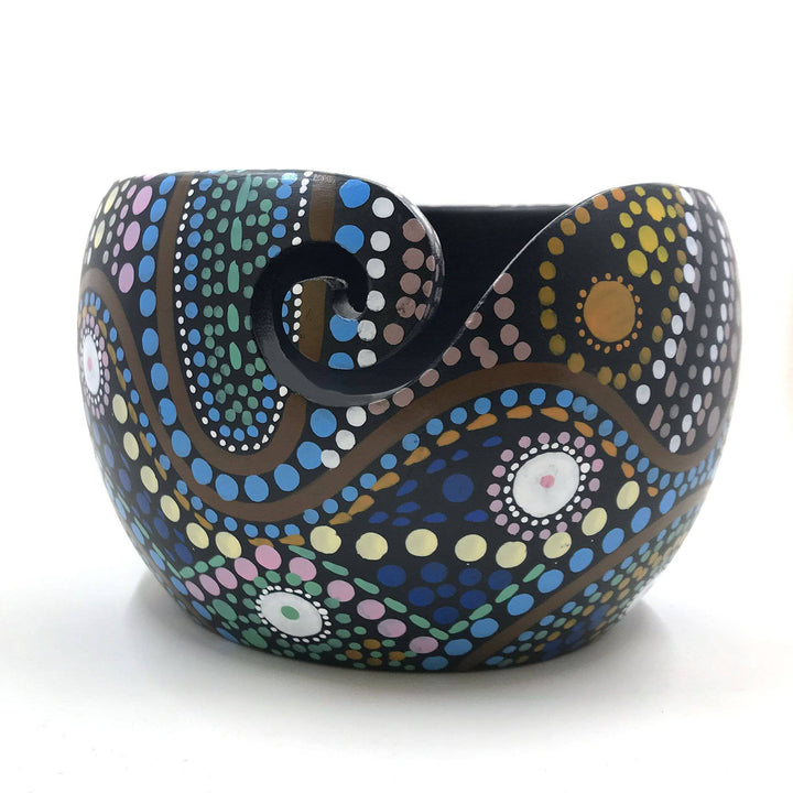 Mandala Wooden Yarn Bowl over a white background