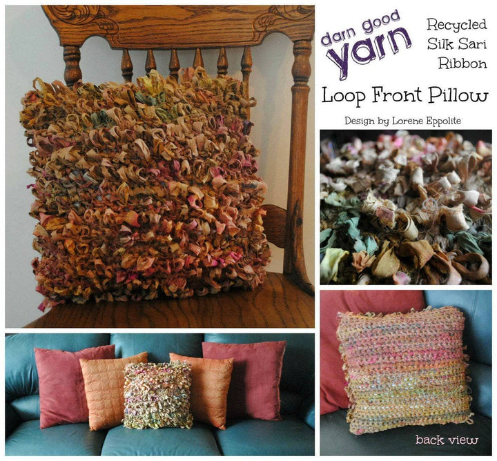 different pillow designs over a chair and a sofa and a white text box that has darn good yarns logo and says "loop pillow kit"