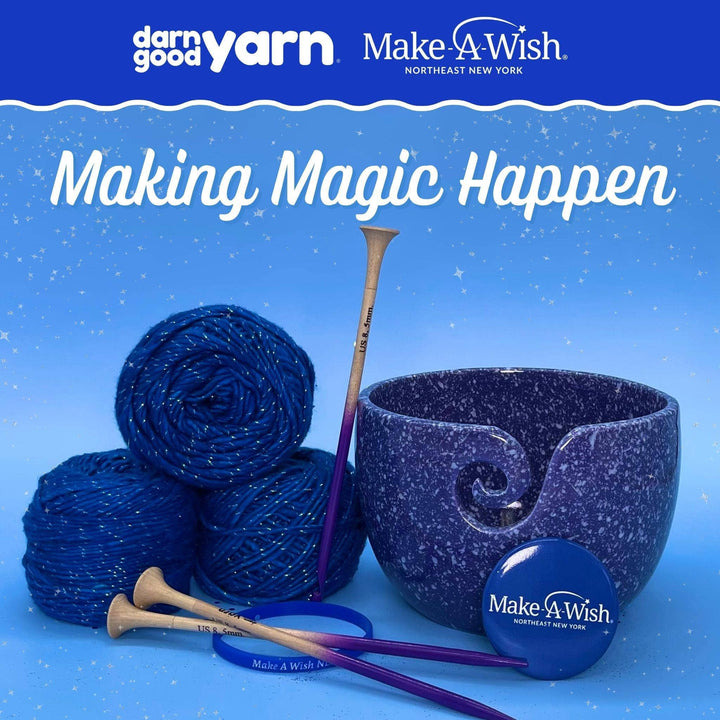 The Deluxe version of the Make-A-Wish x Darn Good Yarn Bundle. 3 skeins of classic sparkle blue worsted weight silk yarn, a purple speckled yarn bowl, ombre bamboo knitting needles & crochet hook and free goodies from the Make-A-Wish Foundation.