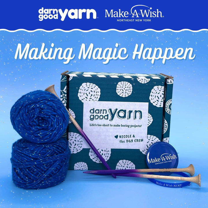 The standard versions of the Make-A-Wish x Darn Good Yarn Bundle. 2 skeins of classic sparkle blue worsted weight silk yarn, ombre bamboo knitting needles & crochet hook and free goodies from the Make-A-Wish Foundation.