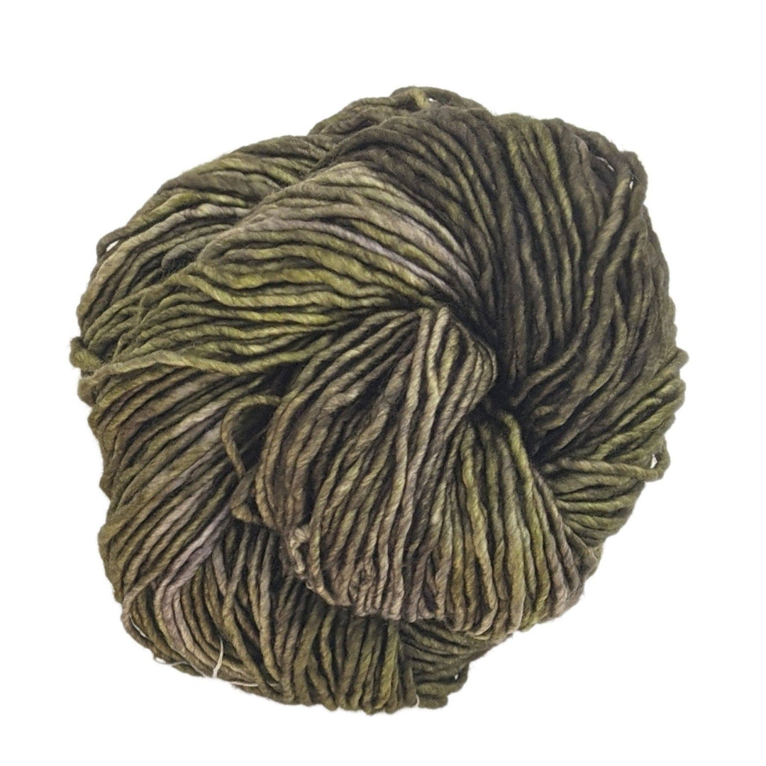 Skein of single ply yarn in tonal green in front of a white background.