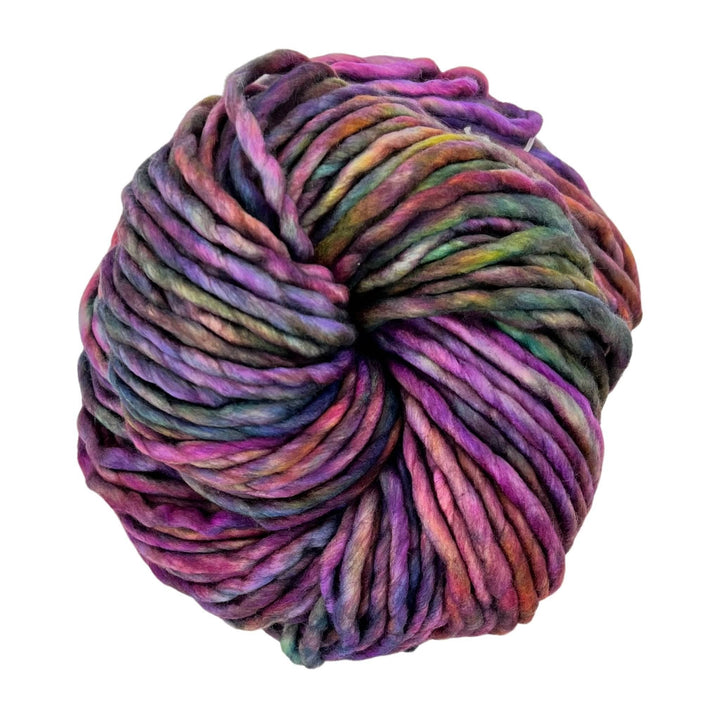 tonal purple and rainbow single ply wool yarn in front of a white background.