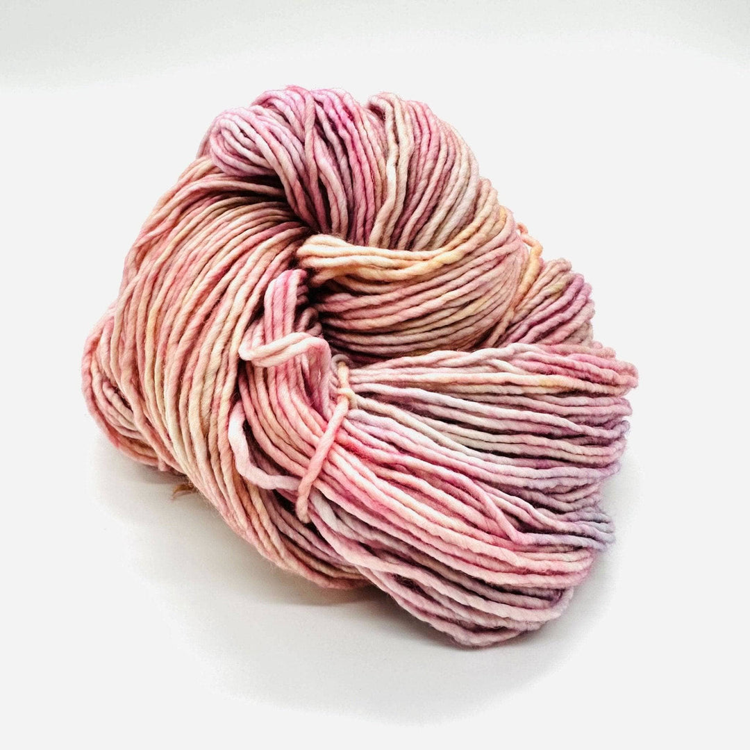 A light pick worsted weight skein of yarn on a white background