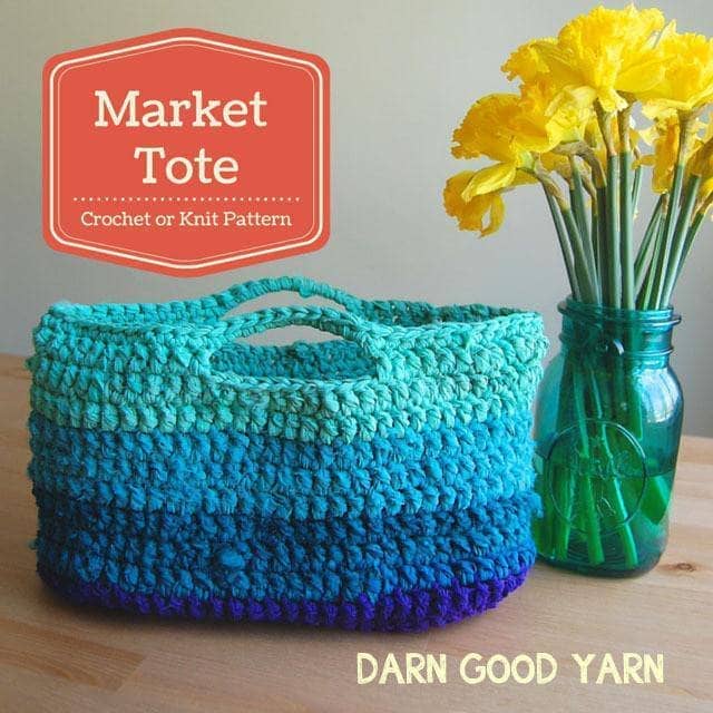 ombre market tote next to a flower pot over a table and with a orange square on top that says "market tote"