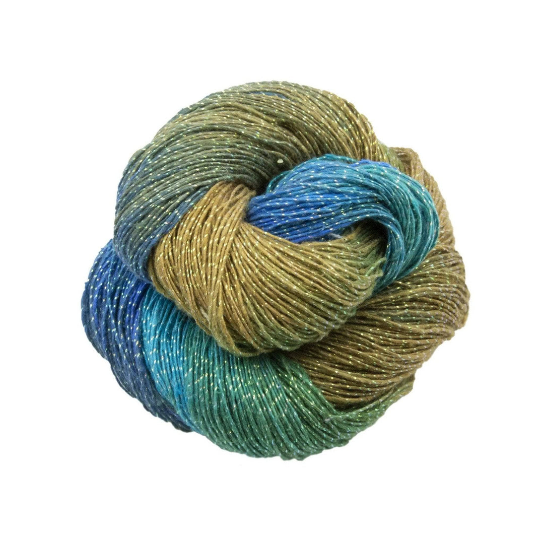a skein of brown blue and dark blue sparkle yarn on a white background