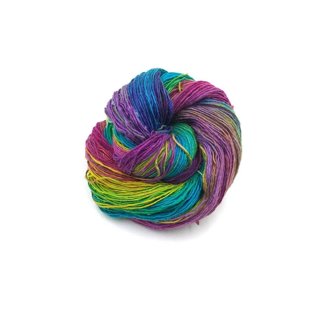 A skein of multicolored yarn on a white background