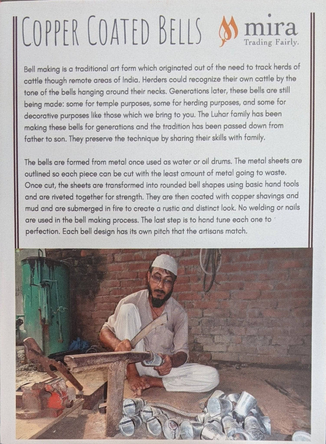 Pamphlet with text explaining the bell making tradition and process, image of artisan making bell at bottom.