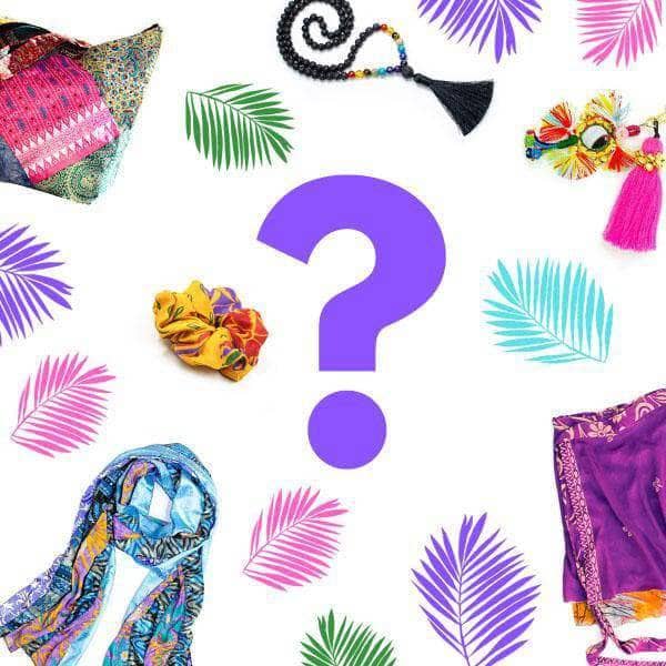 Question mark on a backdrop with various DGY items around the border with some palm tree leaves. 