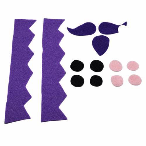 Purple, pink and black felt pieces on a white background