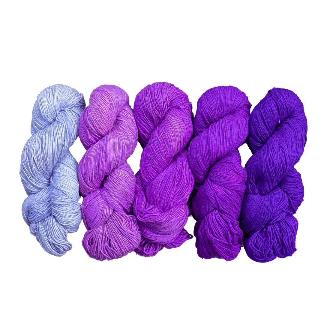 5 skeins sport weight silk in the colorway purple in front of a white background. From left to right are the lightest to darkest shades.