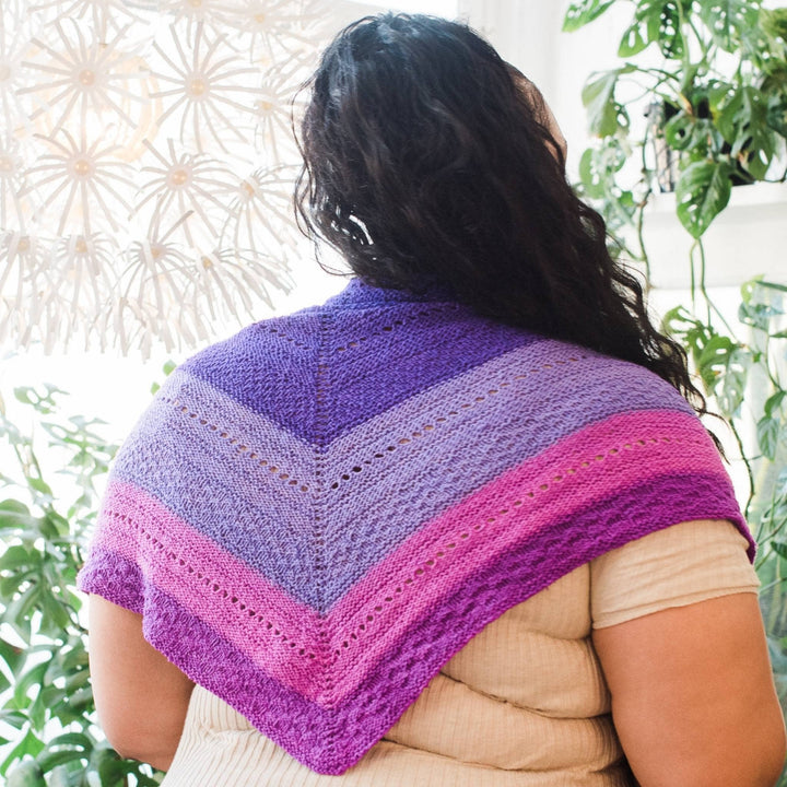 back view of model wearing ombre stitch sampler shawl across their shoulders with potted greenery in the background.
