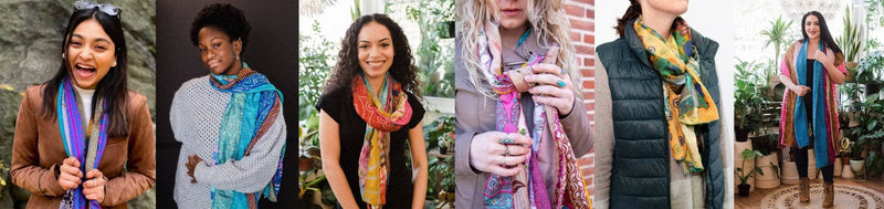 Montage of 6 models wearing multicolored medley scarves in fall-like and cooler scenes (wearing warmer clothing)