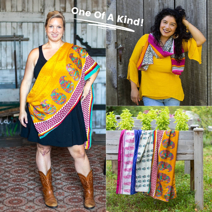 Model wearing one of a kind sari scarf (left). Model wearing one of a kind sari scarf (right top). 3 One of a kind sari scarves hanging over the edge of a wooden planter.