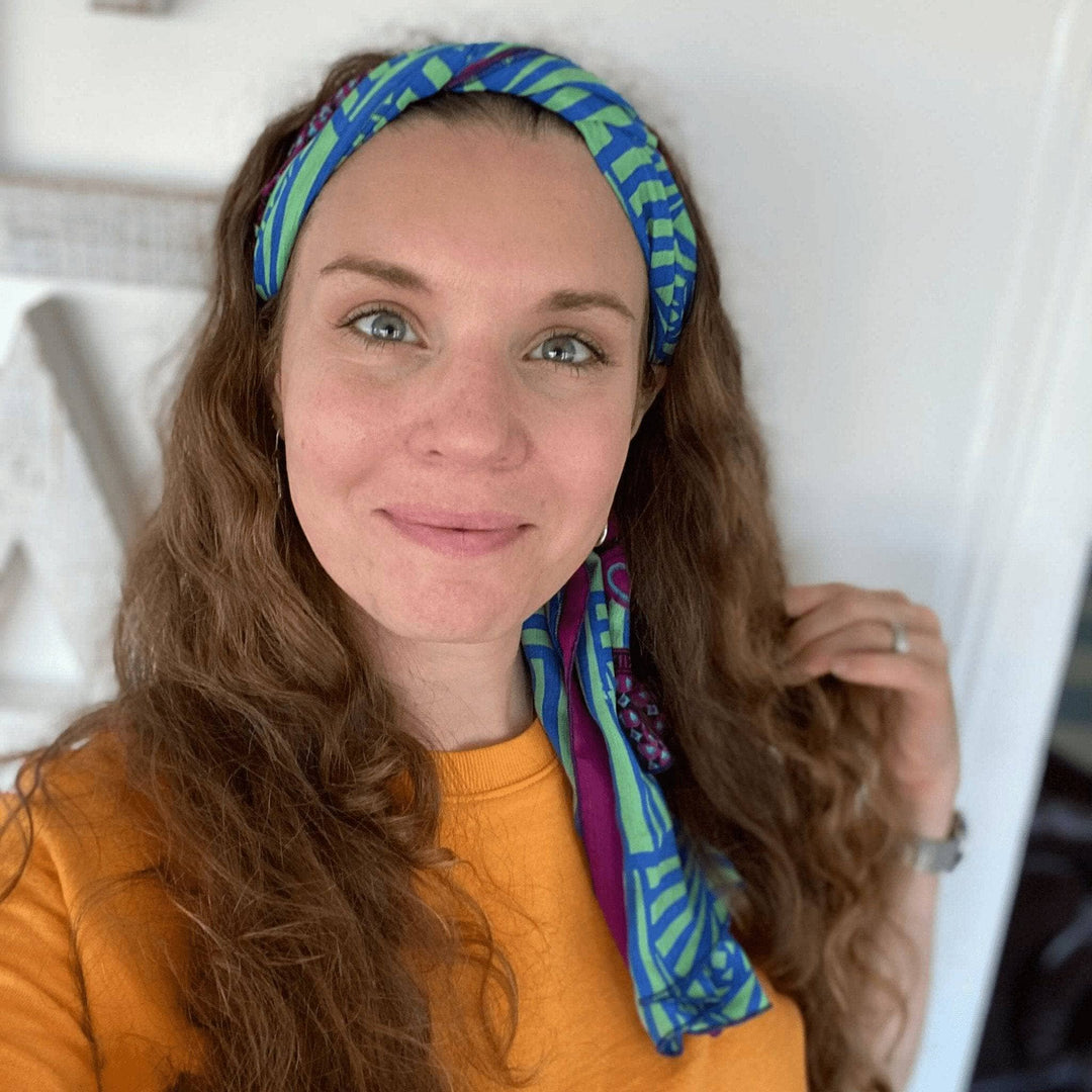 Founder Nicole wearing one of a kind sari scarf as a headband.