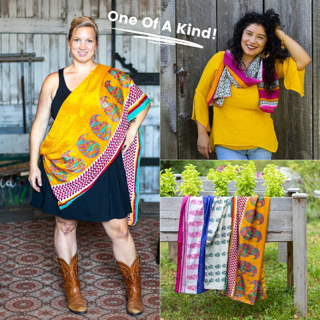 Model wearing one of a kind sari scarf (left). Model wearing one of a kind sari scarf (right top). 3 One of a kind sari scarves hanging over the edge of a wooden planter.