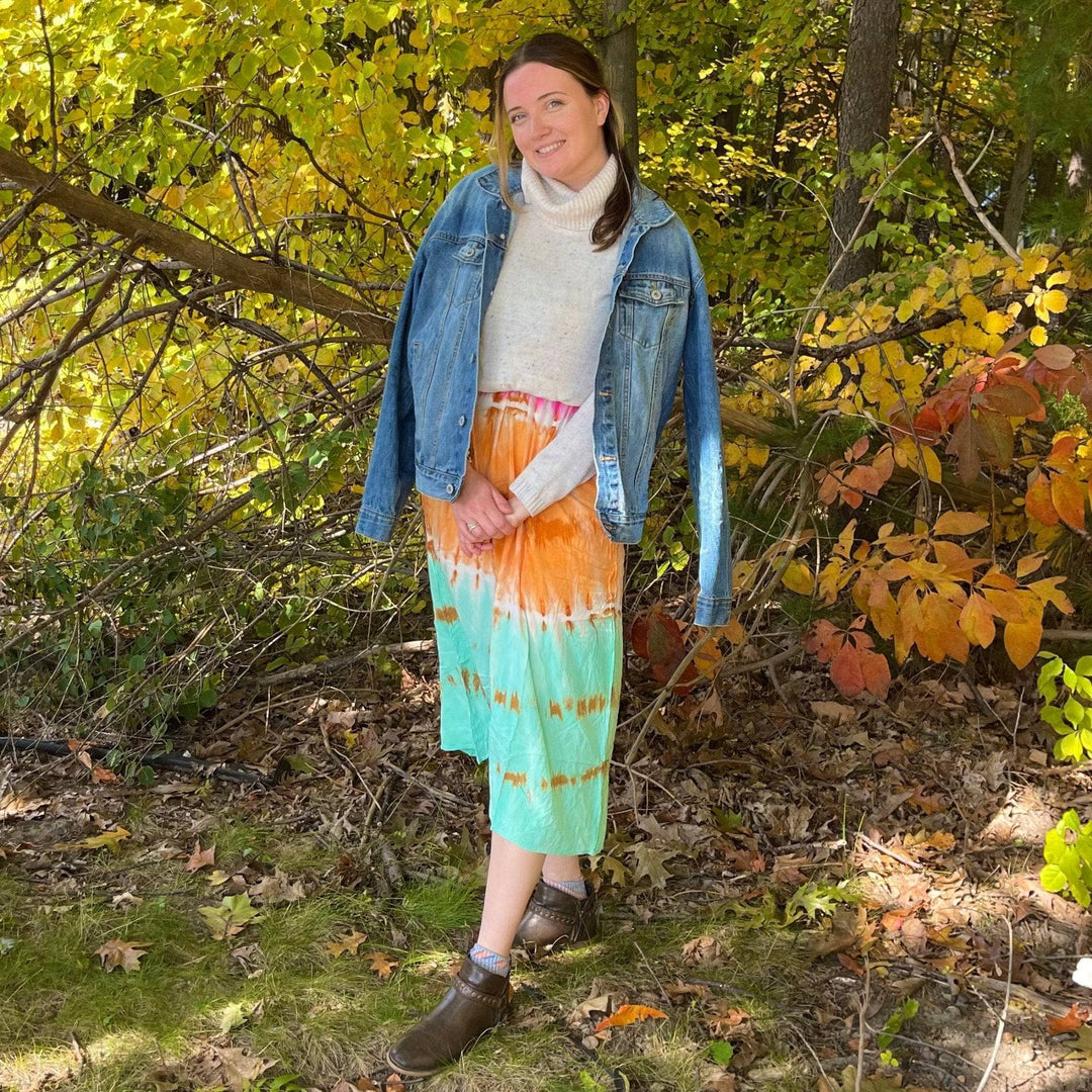 Pink & Green Tie Dye Maxi Dress paired with a big white sweater and denim jacket.