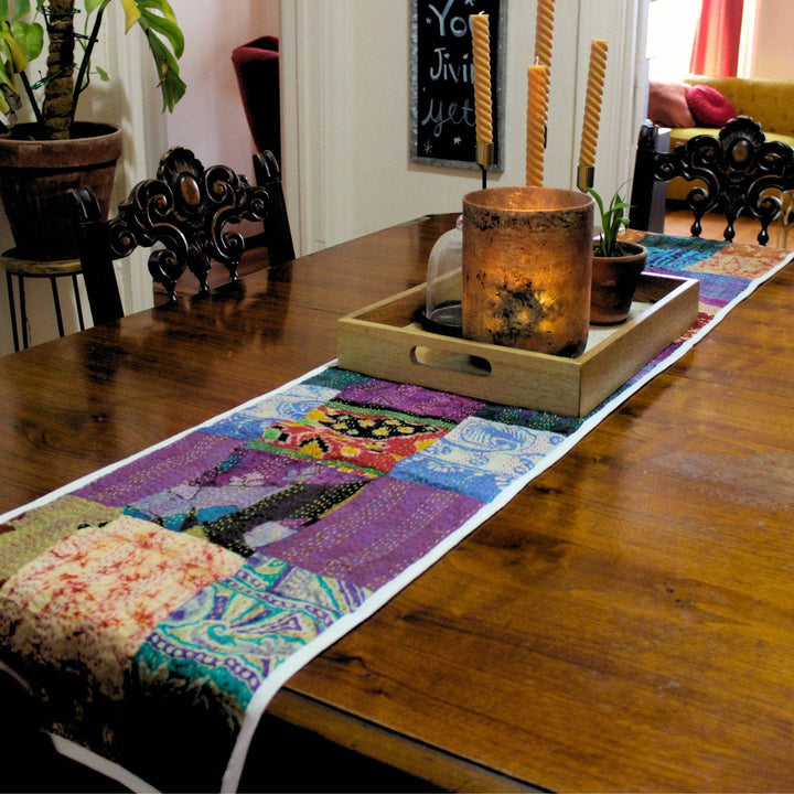 Darn Good Yarn Reclaimed Sari Silk Table Runner showcased as sustainable home decor
