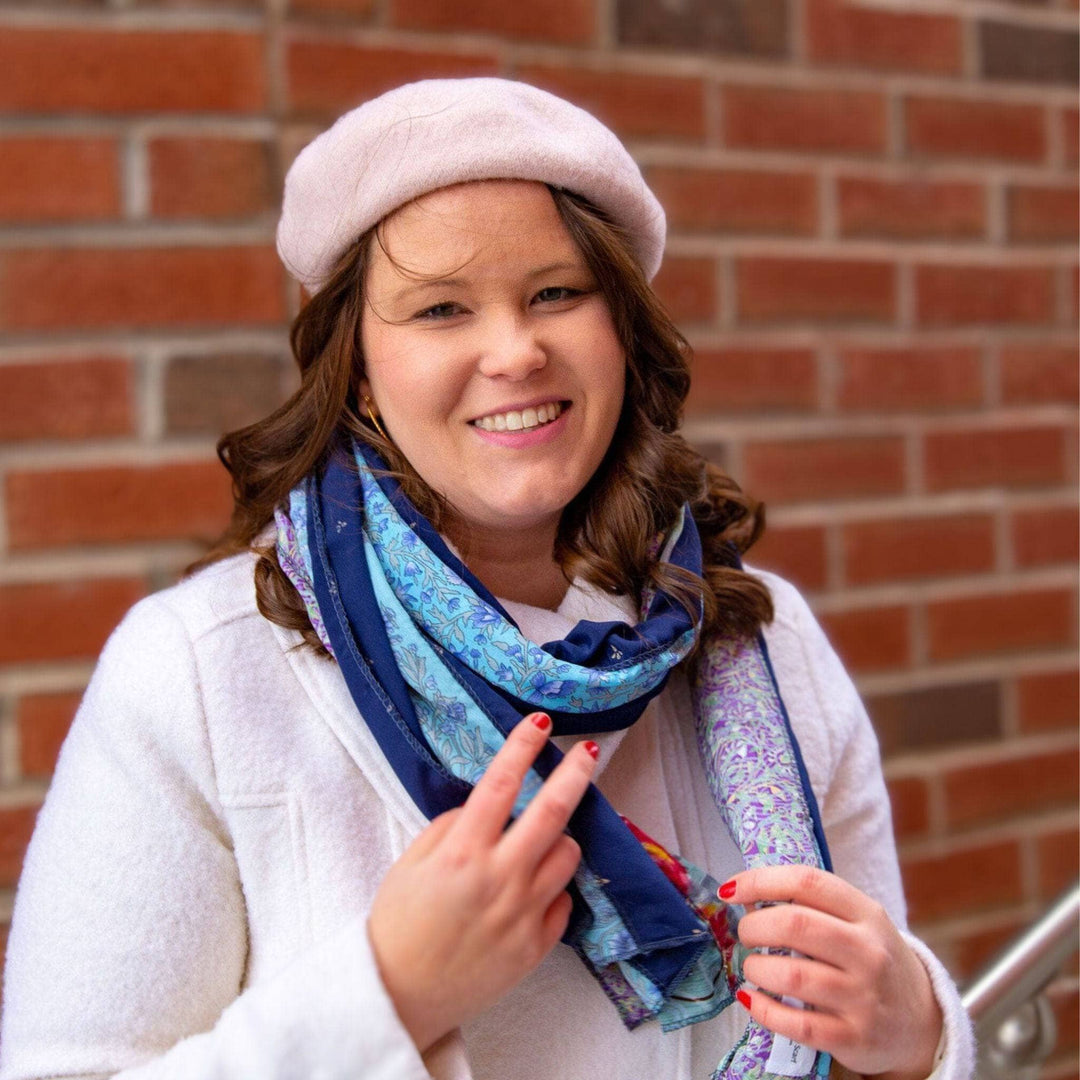 Woman wearing a cool tone medley scarf
