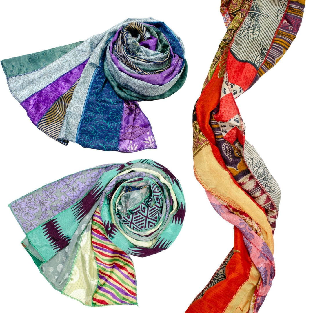 3 variations of sari silk medley scarf in front of a white background.