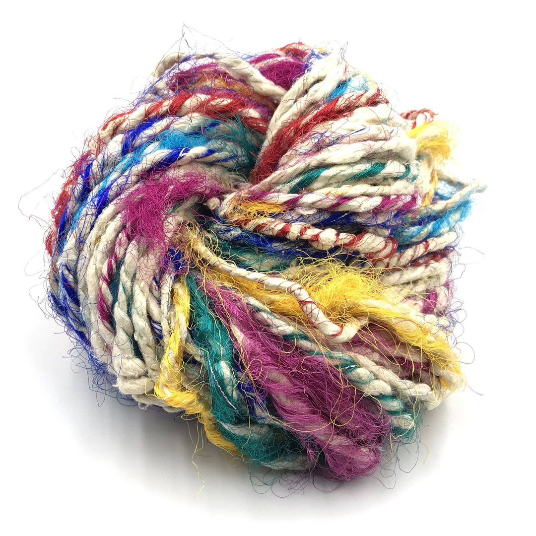 multicolored cake of yarn in a white background