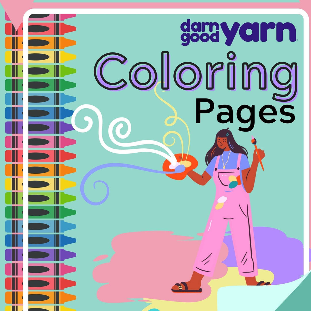 Darn Good Yarn coloring pages. Sketched woman with overalls holding a palette of paint.