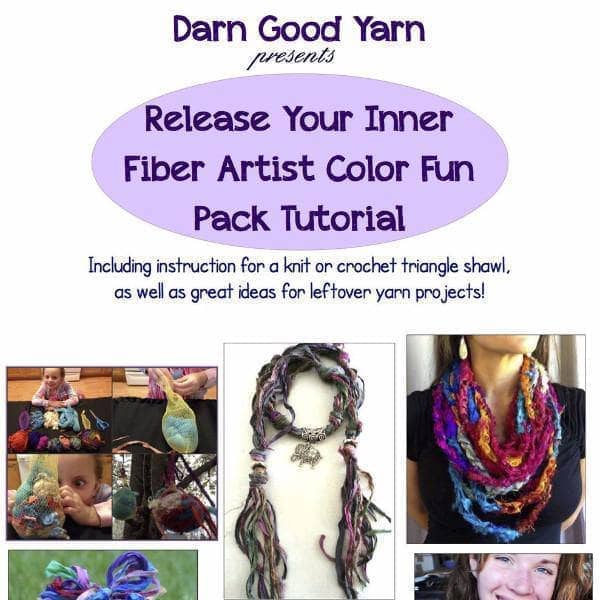 flyer with the logo of yarn good yarn and purple text which reads "release your inner fiber artist color fun pack tutorial" with images of different fiber products