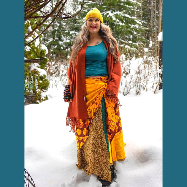 woman wearing sari wrap skirt in warm colors