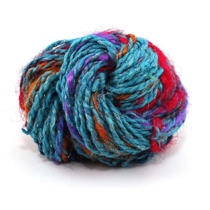 reclaimed silk plied turquoise and multicolor yarn.