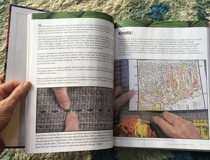 Rya Rugs book opened to page 76/77. Page 76 is filled with text and a color photograph on the lower half of the page displaying the back side of a rya rug. The chapter heading "Knots:" is displayed on the top of page 77 along with text and a color photograph of a person referencing a rug pattern drawn onto paper.