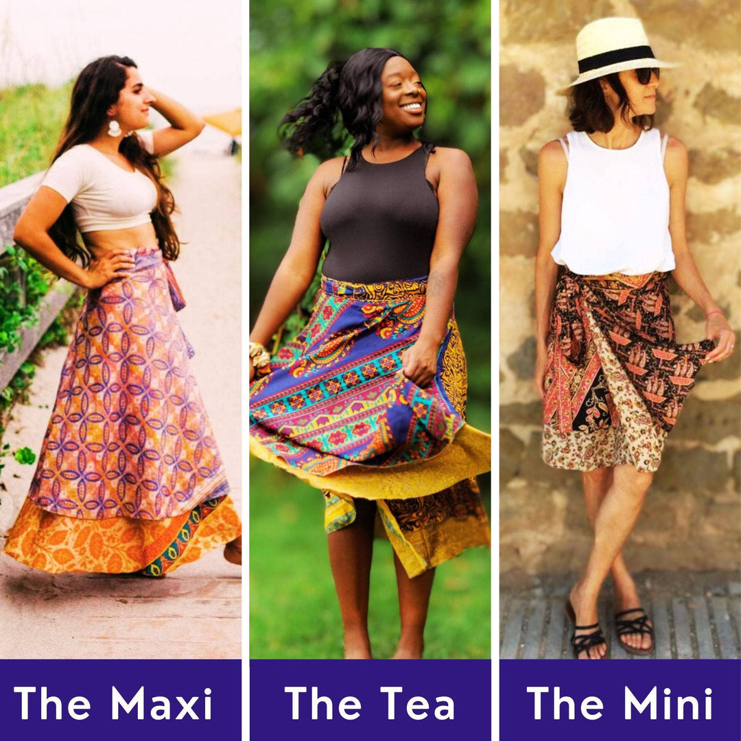 The Discovery Pack- Graphic shows 3 images of models wearing plus size maxi, tea and mini sari wrap skirts.