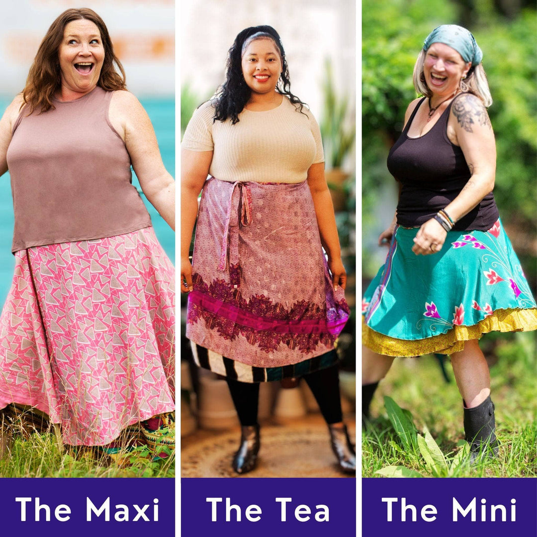 Goddess Sizing The Discovery Pack- Graphic shows 3 images of models wearing plus size maxi, tea and mini sari wrap skirts.