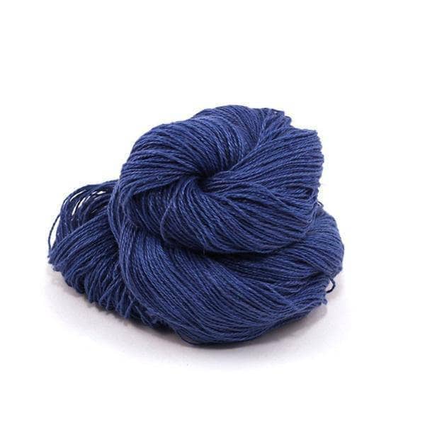 A dark blue skein of linen yarn on a white background 