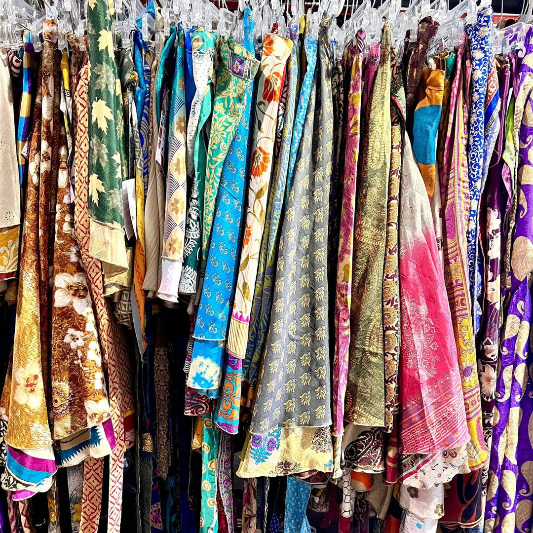 Rack of Sari Wrap Skirts Hanging