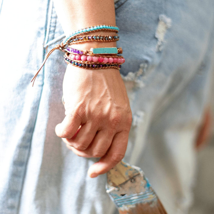 turquoise and pink beaded wrap bracelet