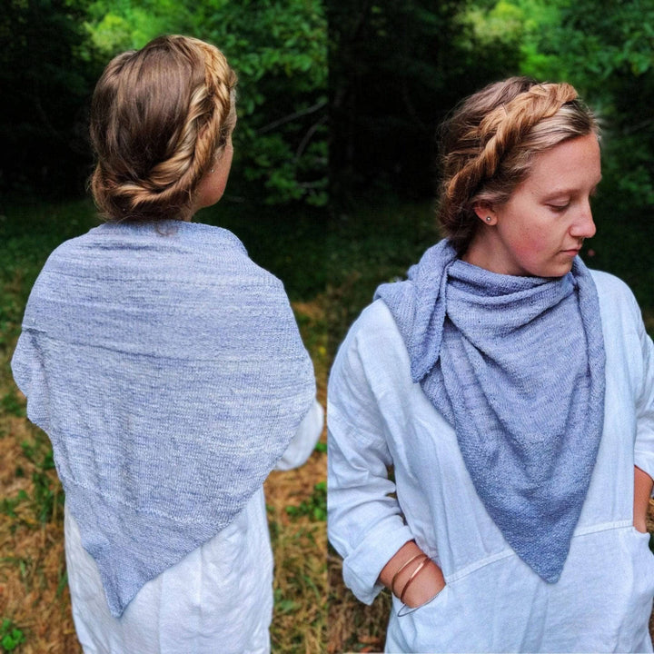 side by side images of designer wearing serendipity lace weight shawl in front of a wooded background.