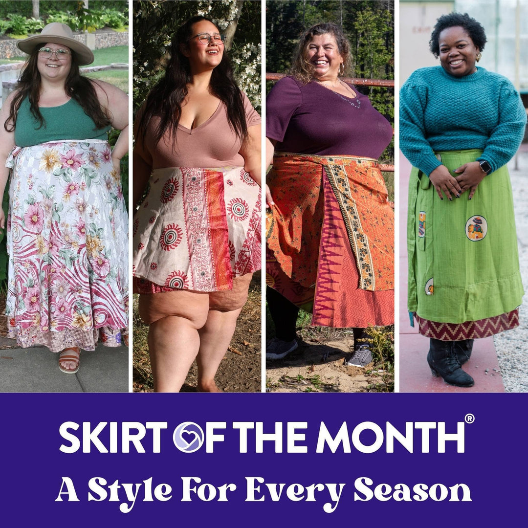 4 Goddess  models are wearing various length sari wrap skirts. The bottom of the picture says skirt of the month, a style for every season. 