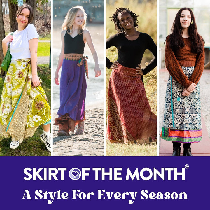 Four petite/junior models wearing various length sari wrap skirts. The bottom of the picture reads Skirt of the month, a style for every season. 