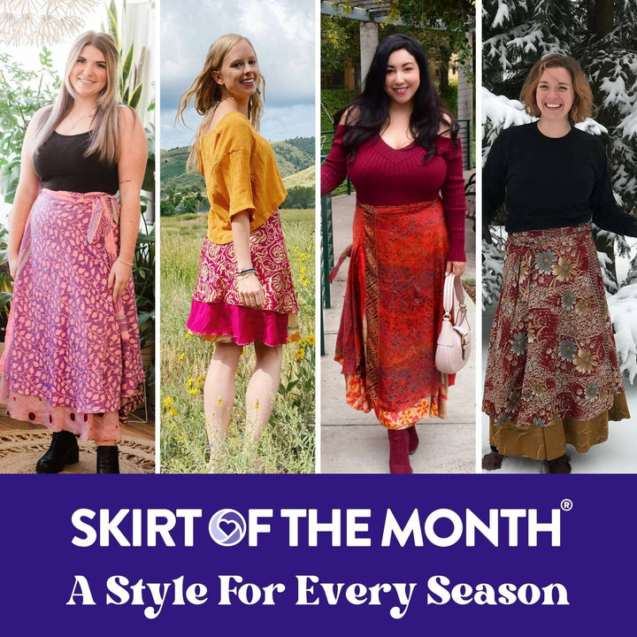 Four images of models in sari wrap skirts depicting the 4 seasons of the year. At the bottom of the photo it says Skirt of the Month, A style for every Season.  